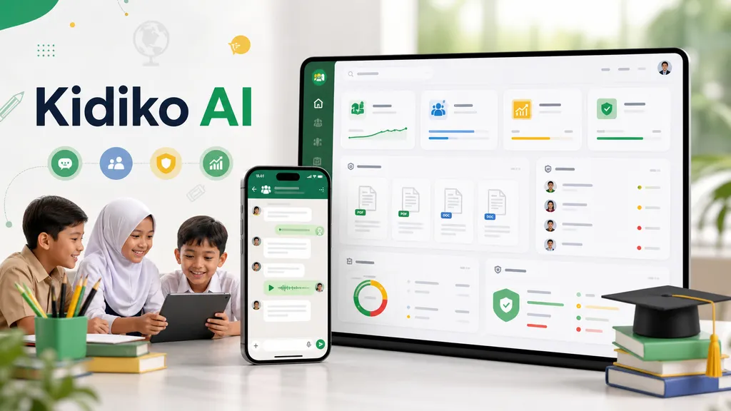 Ilustrasi Kidiko AI untuk grup belajar WhatsApp dan dashboard guru